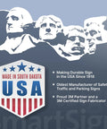 Illustration of Mount Rushmore with USA shield badge, highlighting sign manufacturing in South Dakota, established 1918.