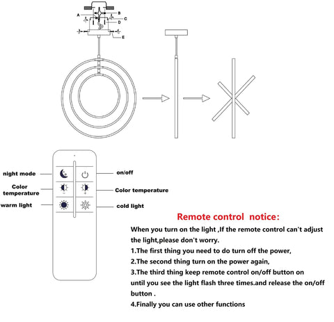 Diagram of Black Modern 3 Ring Dimmable Pendant Chandelier for Dining Room, Kitchen Island, Living Room with remote control instructions