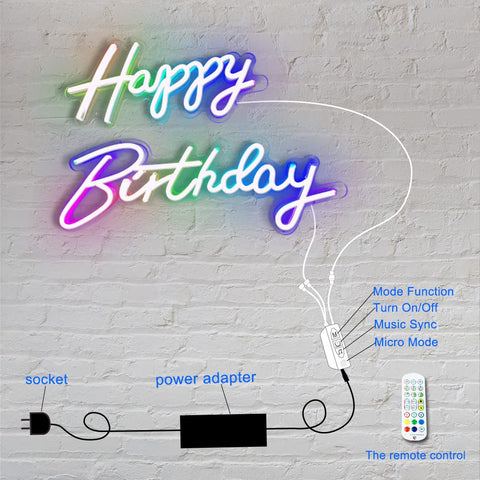 Extra Large Neon Happy Birthday Sign With Multi Color LED Lights featuring app control, remote, power adapter, and switch.