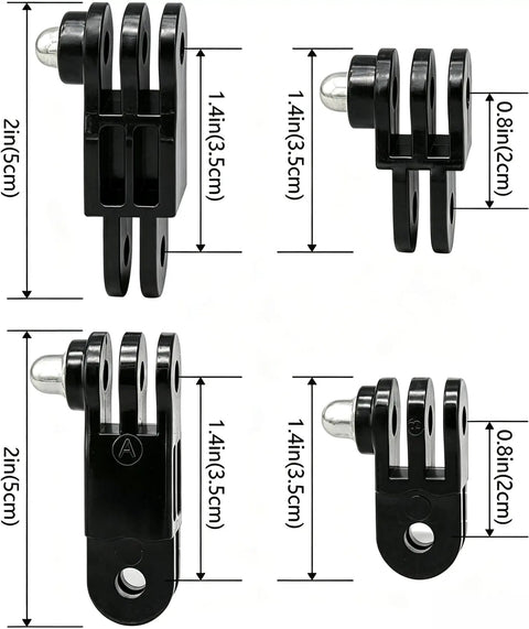 3 Way Adjustable Action Camera Pivot Arm Kit With Long And Short Extensions, Same And Vertical Direction Joints, Polycarbonate Mounts, Includes Four Long And Short Pivot Arms And Four Thumbscrews For Flex Shot Angles. black 2in and 1.4in mounts shown