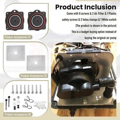 Image showing the Air Pump Rebuild Kit For Hiblow HP60 And HP80 Aerators with included diaphragms, filters, and screws.