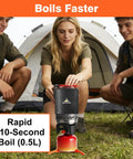Go To Ultralight Backpacking Stove System With 1L Pot 6 In 1 Jet Burner Set in use by campers in front of a tent