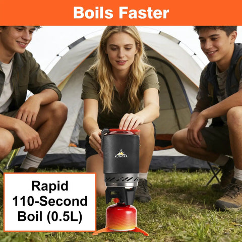 Go To Ultralight Backpacking Stove System With 1L Pot 6 In 1 Jet Burner Set in use by campers in front of a tent