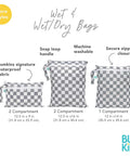 Super Handy Waterproof Wet Bag Two Pack For Travel And Beach with checkered design, multiple compartments, and secure closures