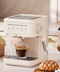Professional Semi Automatic Espresso Machine With 15 Bar Pressure And Integrated Milk Frother brewing espresso shot in glass.