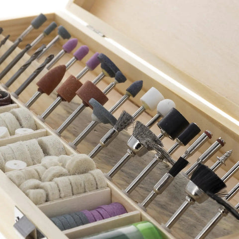 Close-up of 228 Piece Deluxe Universal Rotary Tool Accessory Kit for Sanding Polishing and Cutting Fits All Rotary Tools Including Dremel 1/8 Inch Shank Bands Fiber Cutoff Wheels Abrasive Wheels Wool Buffing Pads Aluminum Oxide Discs And More.