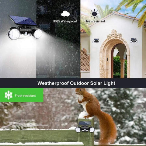 Solar Motion Sensor Lights Outdoor Dual Head Security Lights LED Waterproof 360 Degree Adjustable Wall Lights For Garden Patio Garage Motion Activated 1 Pack installed on wall showing durability in various weather conditions with squirrel in foreground.