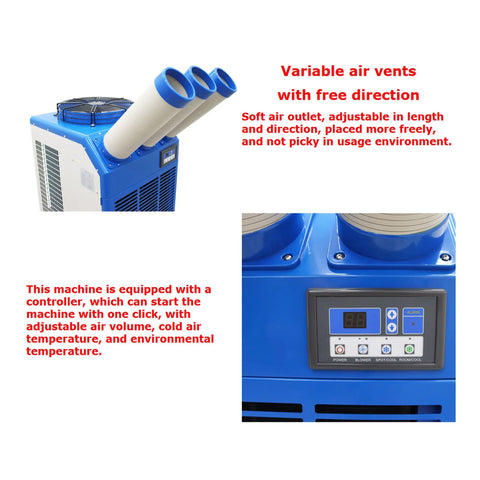 Built Tough Industrial Evaporative Air Conditioner With Extendable Cooling Ducts 220 Volt 910 Cubic Meters Per Hour Airflow showing adjustable air vents.