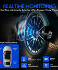 Hella Smooth Ride TPMS Tire Pressure Monitor Sensor Quick Install Replacement shown monitoring tire pressure with alarms.
