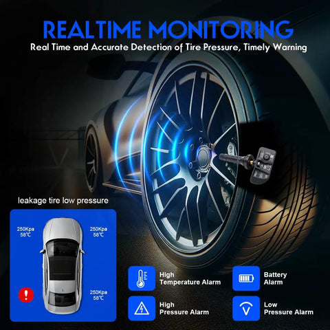 Hella Smooth Ride TPMS Tire Pressure Monitor Sensor Quick Install Replacement shown monitoring tire pressure with alarms.