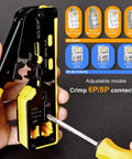All In One Pass Through RJ45 Crimp Tool Kit With Network Cable Tester showing adjustable modes for 6P and 8P connectors