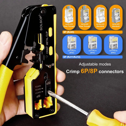 All In One Pass Through RJ45 Crimp Tool Kit With Network Cable Tester showing adjustable modes for 6P and 8P connectors