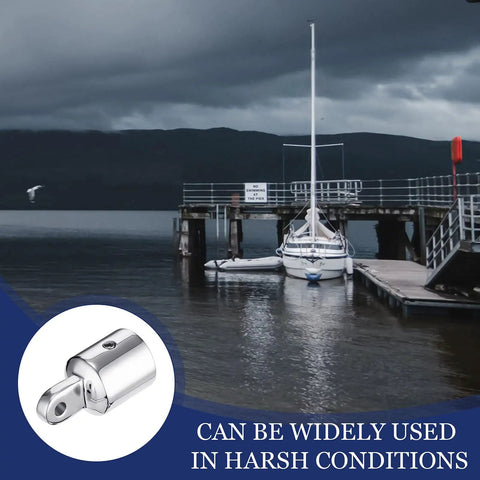 Four Pieces Bimini Top Caps For Seven Eighths Inch OD Round Tubing Stainless Steel External Eye End Boat Fittings Marine Hardware Beefed Up For Tough Marine Use on a dock.
