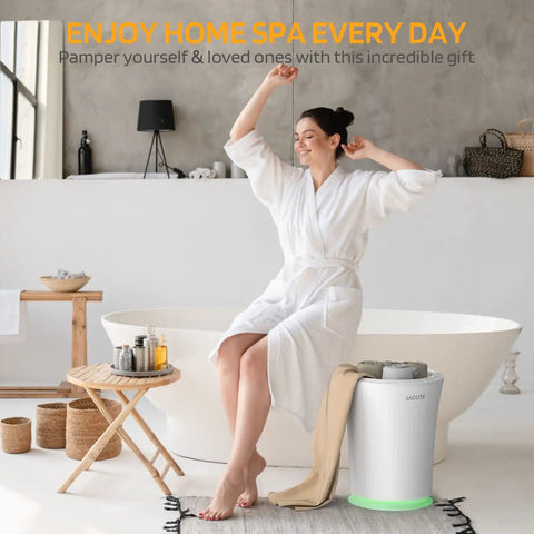 Woman in robe with Dope 20L Towel Warmer beside bathtub, featuring auto shut off and RGB light.