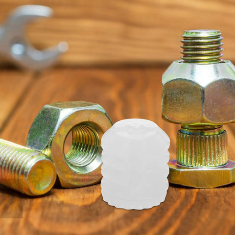 150 Pcs Plastic Dowel Inserts for Cabinet Doors, DIY Friendly Hinge Dowels, white plastic parts shown among metal tools