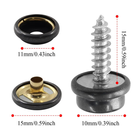 Stainless Steel Boat Snap Kit With 30 Sockets, 30 Covers And 30 Snap Buttons, Five Eighth Inch Screws And Three Eighth Inch Socket, close-up view
