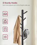 Solid Wood Free Standing Coat Rack Tree Shaped With Eight Hooks And Three Height Options For Clothes Hats Bags In Living Room Bedroom Or Home Office Black Finish