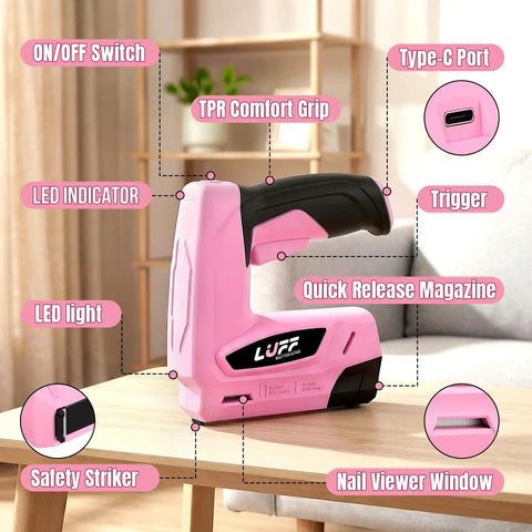 Cordless 2 In 1 Electric Staple Gun And Brad Nailer Kit With 2000Mah Battery Fasteners And Remover, showing features and grip.