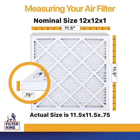 Diagram showing MERV 13 Air Filter 12x12x1, actual size 11.5x11.5x0.75, for home HVAC, pleated electrostatic furnace filter measurements