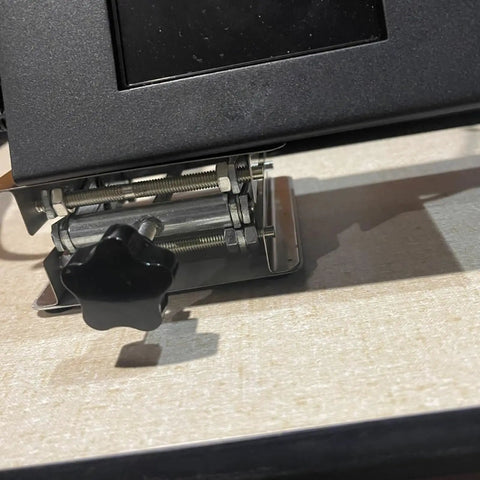 Close-up of Hella Sturdy Stainless Steel Lab Scissor Jack, showcasing the knob and adjustable height mechanism for stability.