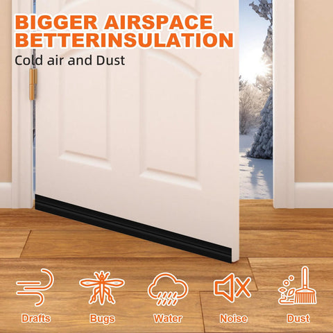 Side view of a black 39-inch door draft stopper installed along the bottom of a white interior door.