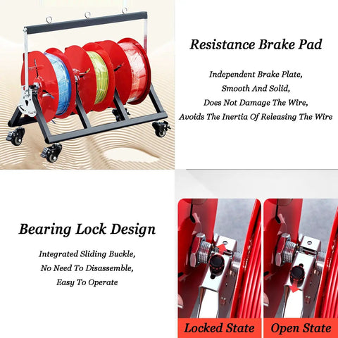 Rugged Pro Grade Wire Spool Rack On Wheels with red spools, durable steel frame, ABS housing, bearing lock design, for garages.