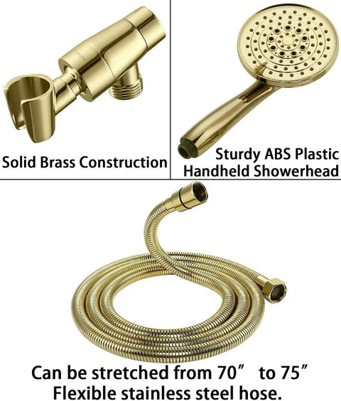High Pressure 6 Setting Detachable Handheld Shower Head With Extra Long Flexible Hose Adjustable Metal Bracket Polished Brass Finish 2.5 GPM