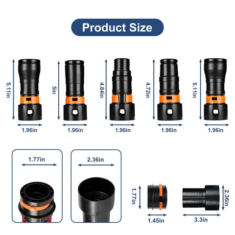 Image of Seven Piece Universal Vacuum Hose Adapter Kit With Multi Size Connectors from nine tenths of an inch to one and three quarters inches, showing detailed measurements and design features.