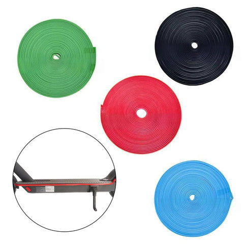 Four rolls of self-adhesive body protective strips for scooters and skateboards in green, black, red, and blue PVC material.
