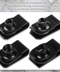 25 Pack Black Extruded U Style Spring Nuts For Automotive Fender Bumper And Grill Retainer Clips 1/4-20 Thread, showing detailed black finish.