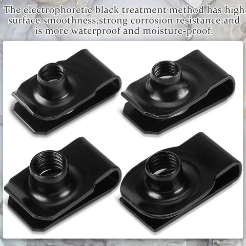 25 Pack Black Extruded U Style Spring Nuts For Automotive Fender Bumper And Grill Retainer Clips 1/4-20 Thread, showing detailed black finish.
