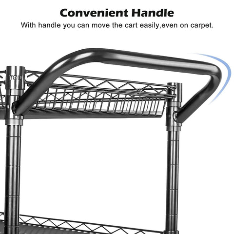 Top view of handle on Heavy Duty 3 Tier Wire Rolling Utility Cart With Wheels For Kitchen And Office, rust resistant steel.