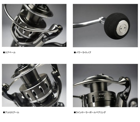 Close-up of the Catalina 5000 Spinning Reel showcasing the spool, handle, and bearings, black finish, Japan import.