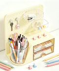 Desk Organizer With 360 Degree Rotating Pen Holder Five Slots Two Drawers Open Top Tray And Pegboard For Office School And Art Supplies Cream Finish Durable Space Saving Caddy To Reach Pens Pencils Markers And Accessories Quickly