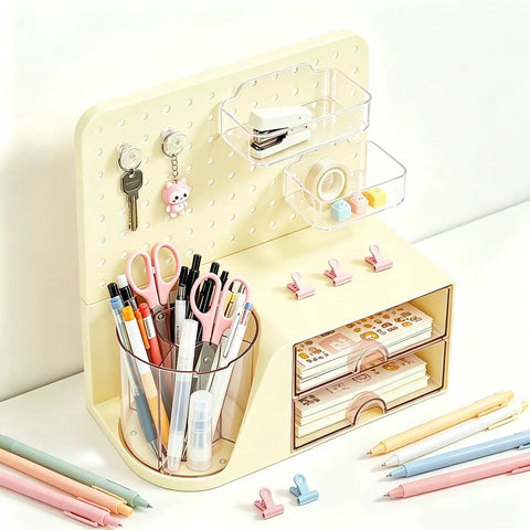 Desk Organizer With 360 Degree Rotating Pen Holder Five Slots Two Drawers Open Top Tray And Pegboard For Office School And Art Supplies Cream Finish Durable Space Saving Caddy To Reach Pens Pencils Markers And Accessories Quickly