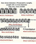 Metal coiled inserts from 60 Piece Stainless Steel Thread Insert Kit For Repairing Damaged And Stripped Threads with measurements text.