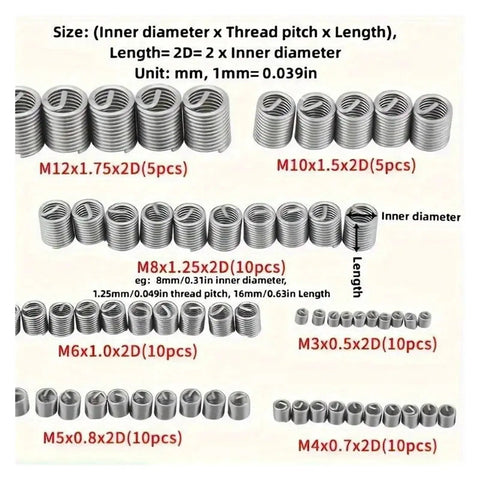 Metal coiled inserts from 60 Piece Stainless Steel Thread Insert Kit For Repairing Damaged And Stripped Threads with measurements text.