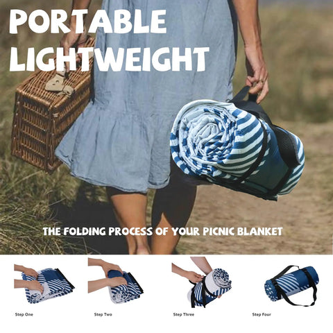 Woman holding folded Oversized Picnic Blanket 80 By 80 Inches Waterproof And Sandproof For Beach Park Camp Ground Mat