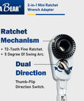 2-In-1 Mini Ratchet Wrench Adapter With Magnetic One Quarter Inch Hex Bit Holder And One Quarter Inch Drive Socket Adapter, Reversible EDC Tool For Tight Spaces, Durable CR-V Steel, Compact Pocket Sized Screwdriver And Socket Accessory showing ratchet mechanism with swing arc and direction switch.
