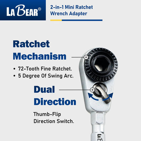 2-In-1 Mini Ratchet Wrench Adapter With Magnetic One Quarter Inch Hex Bit Holder And One Quarter Inch Drive Socket Adapter, Reversible EDC Tool For Tight Spaces, Durable CR-V Steel, Compact Pocket Sized Screwdriver And Socket Accessory showing ratchet mechanism with swing arc and direction switch.