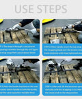 DFEDHF Pneumatic Steel Strapping Machine For 1.25 Inch Metal Belt demonstrating use steps on wooden pallet, tool operated with hands.