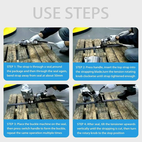 DFEDHF Pneumatic Steel Strapping Machine For 1.25 Inch Metal Belt demonstrating use steps on wooden pallet, tool operated with hands.