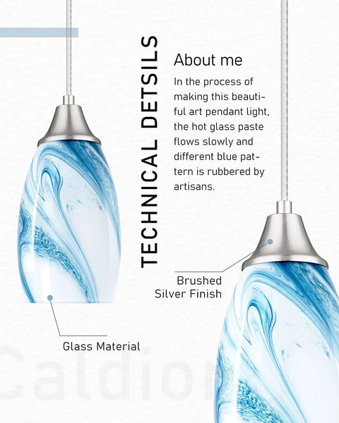 Handcrafted Glass Pendant Light Fixtures With Oval Art Shade And Adjustable Cord Hanging Light For Dining Room Kitchen Hallway And Foyer Blue Marble Color Brushed Nickel Accents Three Pack
