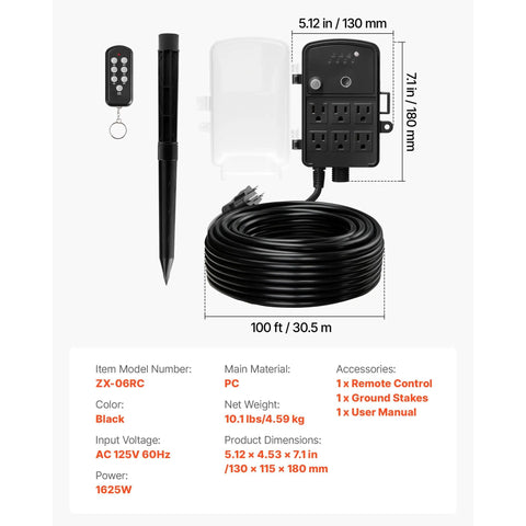 No More Plug Fights, Heavy Duty Outdoor Power Stake And 100Ft Extension Cord With Rugged Weatherproof Cover, Six Outlet Hub, Remote Timer, 13Amps, Ultimate Game Changer For Christmas Lights, Garden, Patio Decor with remote and stakes.