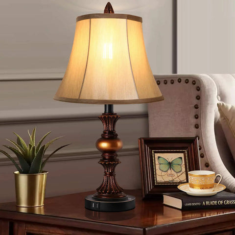 Two Pack Touch Control Traditional Table Lamps With Dual USB Ports, 3 Way Dimmable Bronze Finish Bell Shade Bedside Lighting Set