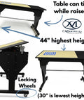 Electric Sewing Table With Rock Solid Height Adjustments And Smooth Tilt Remote Control Craft Desk For Makers Includes Heavy Duty Cutting Mat Plus Sharp Rotary Cutter Workstation Black showcasing adjustable height and tilt features.