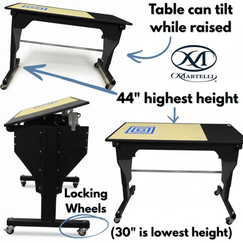 Electric Sewing Table With Rock Solid Height Adjustments And Smooth Tilt Remote Control Craft Desk For Makers Includes Heavy Duty Cutting Mat Plus Sharp Rotary Cutter Workstation Black showcasing adjustable height and tilt features.