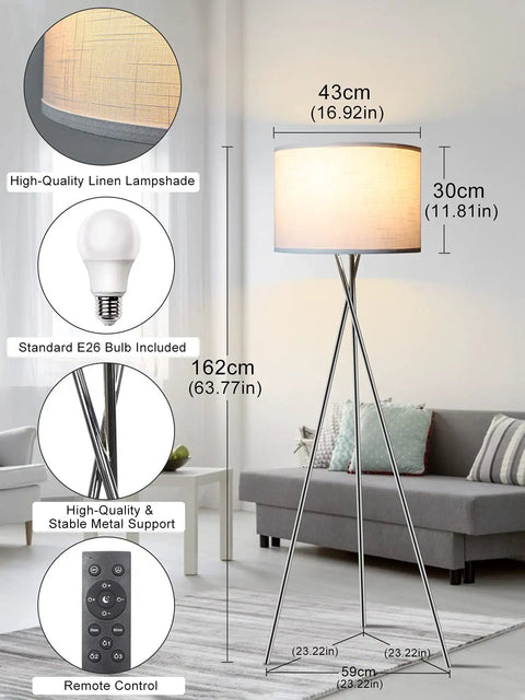Tripod Floor Lamp With Remote And Touch Control, LED 3 Color Temperatures, in living room setting, mid-century modern design.