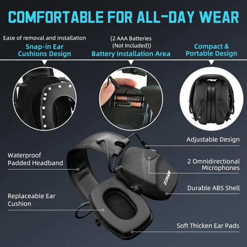 Electronic Ear Protection For Shooting Range With Sound Amplification And Noise Reduction Ear Muffs For Gun Range Active Noise Reduction And 22 dB NRR Comfortable Black Hearing Protection