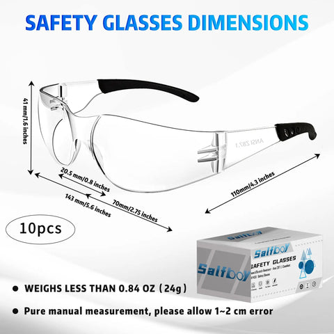 Top Shelf Tinted Safety Glasses Bulk Pack Includes 50 Pieces For Men And Women With Ansi Z87.1 Certification showing dimensions and features.